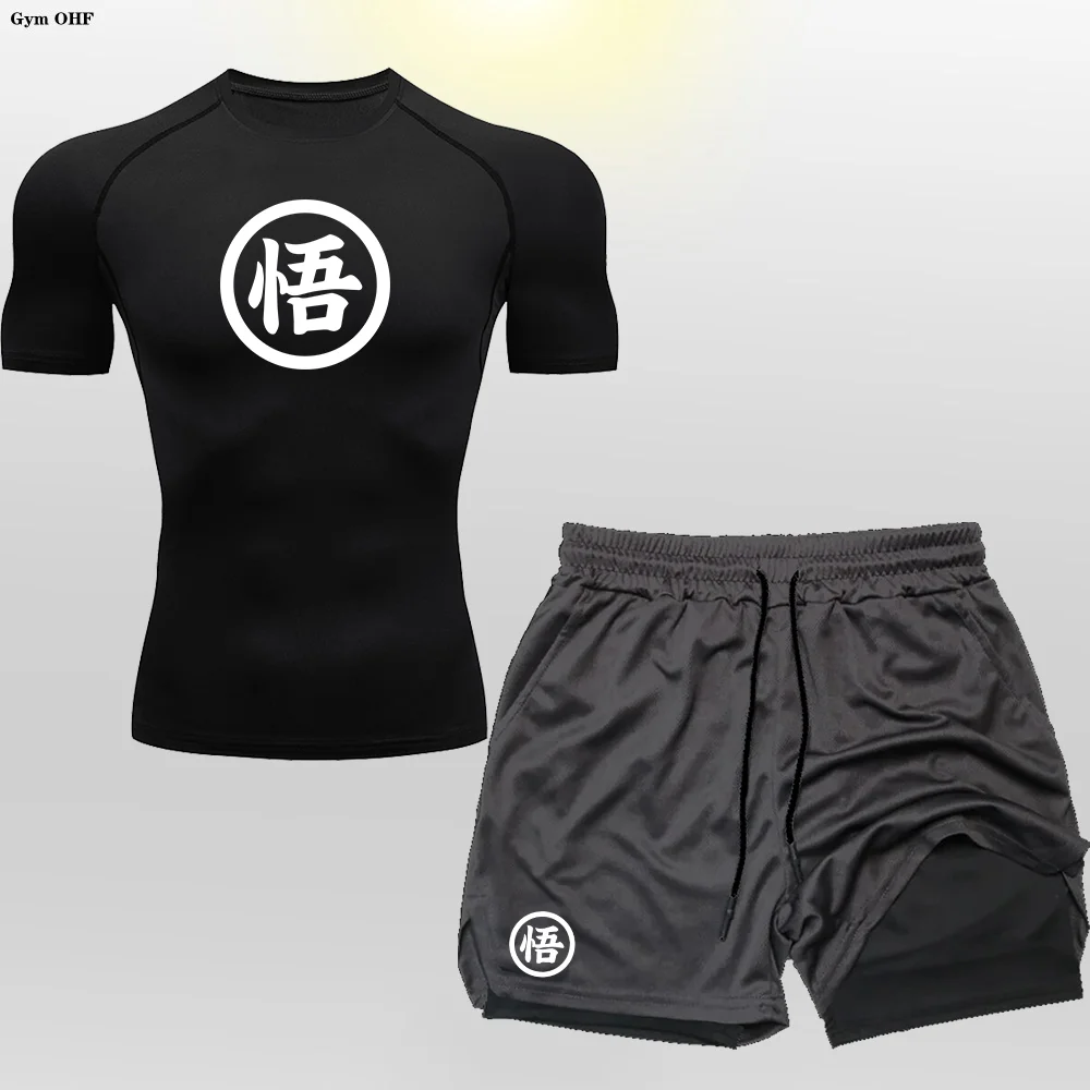 

Goku 2Pcs Men's Compression Sportswear Suit Gym Short Sleeved T-Shirt Sports Set Workout Jogging Shorts 2 in 1 Fitness Tracksuit