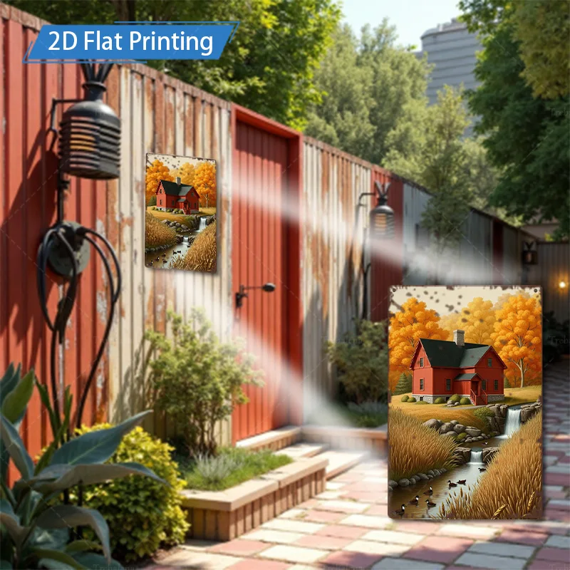 1 ชิ้น 8x12 นิ้วป้ายโลหะรัสติกเรดเคบินในฤดูใบไม้ร่วงภูมิทัศน์ป้ายโลหะตกแต่งศิลปะ