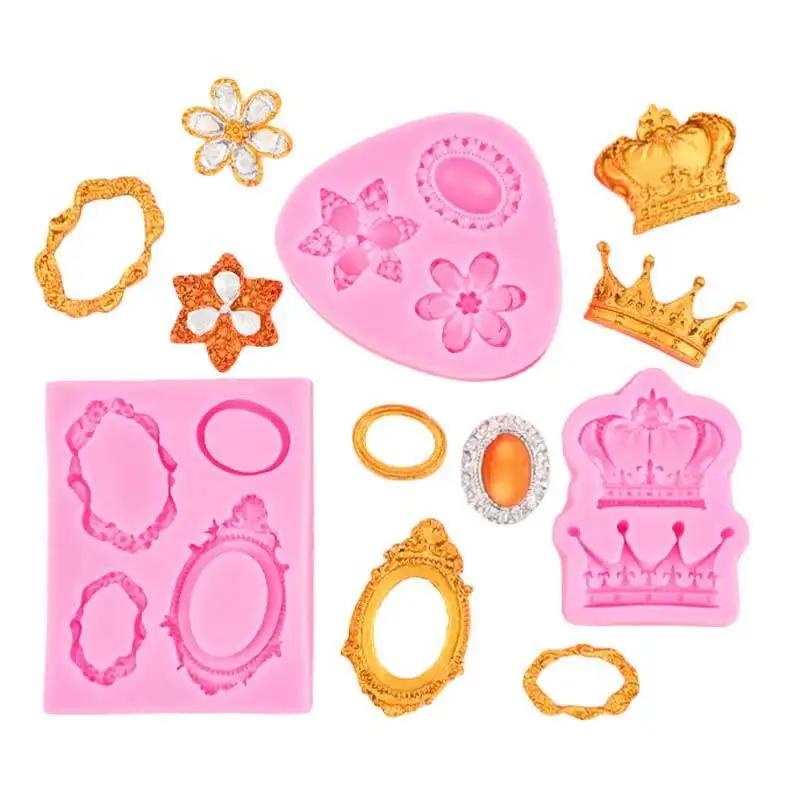 Baroque Frame Crown Jewelry Silicone Mold Relief Cupcake Topper Fondant Cake Decorating Tools Sugarcrafts Chocolate Candy Molds