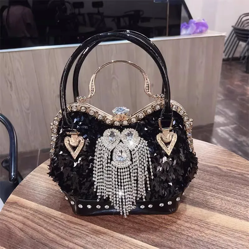 Spring new diamond metal large-capacity one-shoulder cross-body square bag banquet rhinestone tassel sequin women's handbag