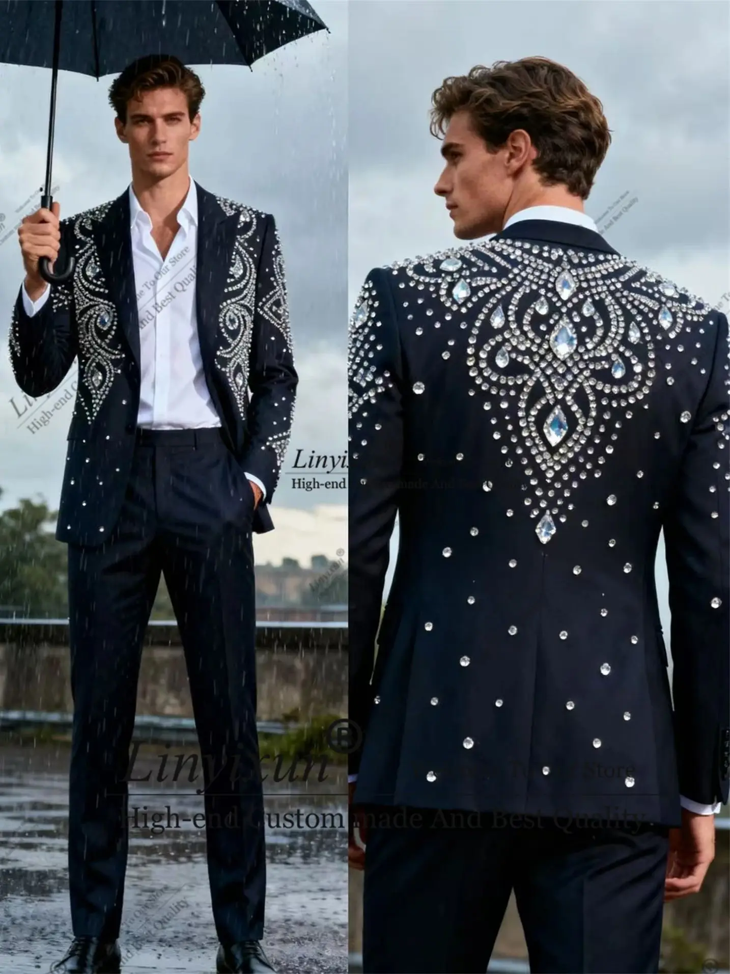 

Британский дизайн, мужские костюмы со стразами и кристаллами, комплект из 2 предметов, мужские пиджаки для жениха, формальные свадебные смокинги по индивидуальному заказу, облегающие, Ropa hombre
