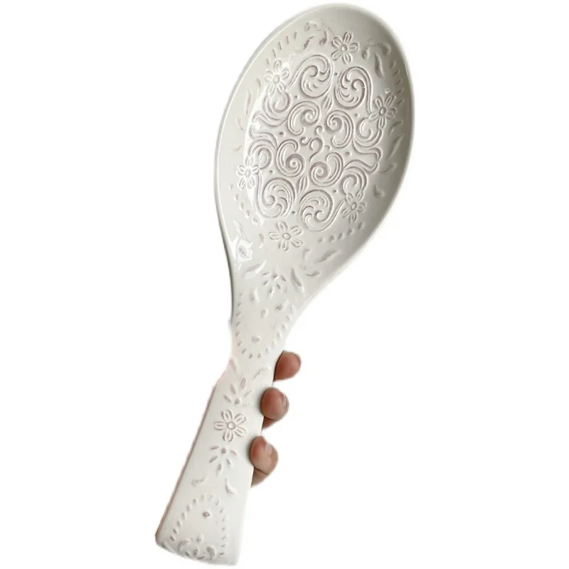 

European Style White Flower Pattern Relief Dinner Spoon Kitchen Accessories High-end Household Rice Spoon