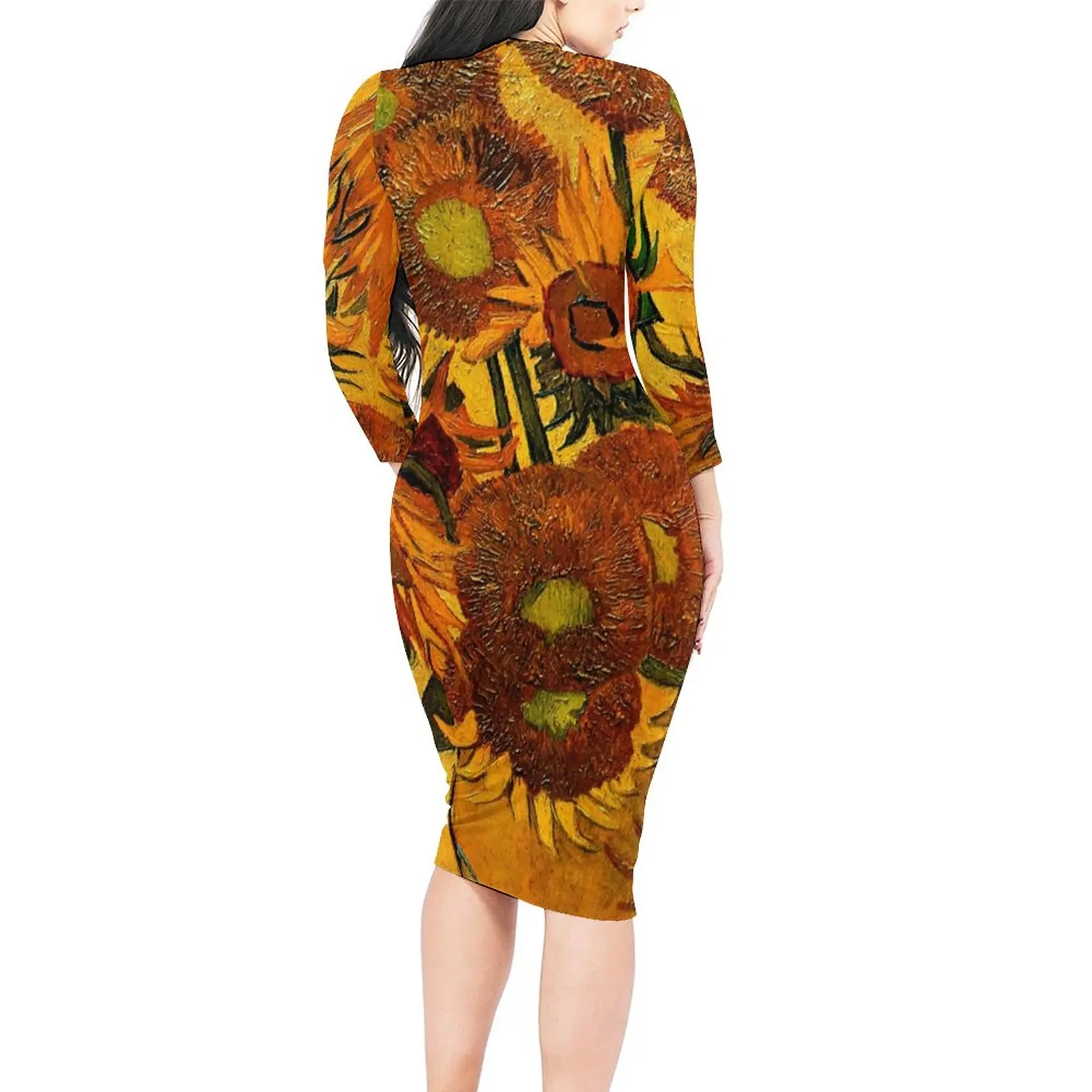 Vestido Bodycon de Van Gogh para mujer, florero con girasoles, elegante, manga larga, estilo callejero, personalizado, 4XL 5XL talla grande, otoño