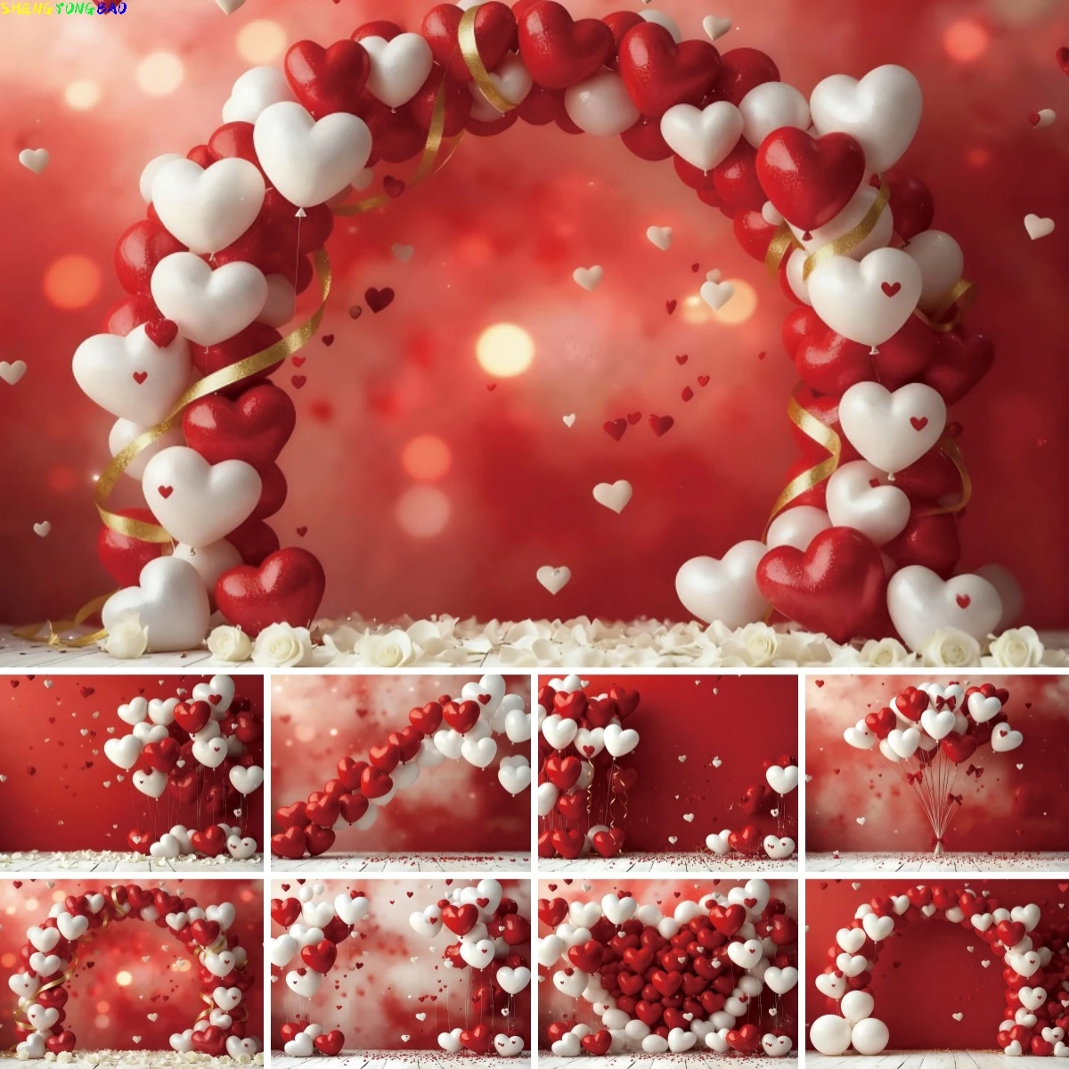 Valentinstag-Hintergrund zum 14. Februar, rot-weiß, Liebesherz, Ballon, Glitzerlichter, Hochzeit, verträumter Geburtstag, Fotografie-Hintergrund