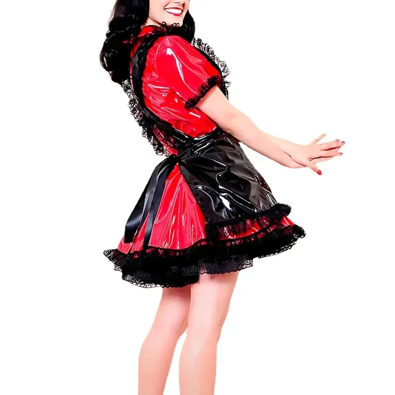 

Exotic Wetlook Sweet Maid Uniforms Peter Pan Collar Short Sleeve Maid A-line Dress with Apron Fetish Cosplay Party Club Costumes