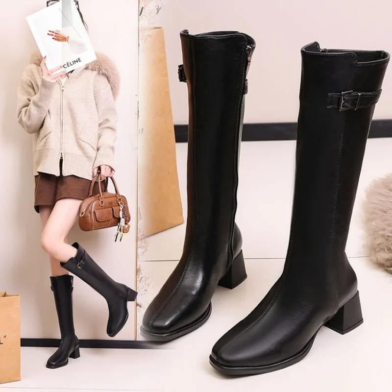 

Women's New Autumn/Winter Genuine Leather Cowhide Mid Heel Large Metal Belt Buckle and Knee Zipper High Barrel Knight Boots 42