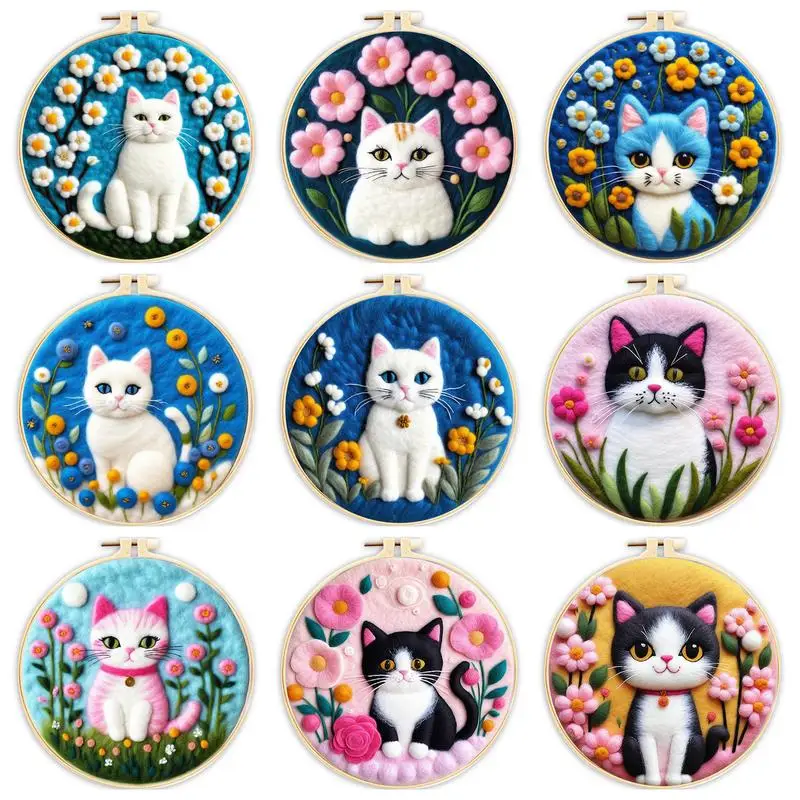 

CHENISTORY diy Crafts Wool Needle Felt Painting Flower Cat Set 20x20cm Frame Needle Felting Painting Kit For Home Decoration