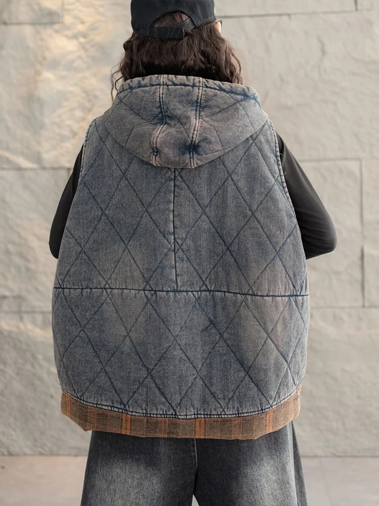 Max Lulu Merk Winter Dames Gewatteerd Denim Capuchon Vest Dames Vintage Mode Vrijetijdsvesten Casual Losse Mouwloze Jassen