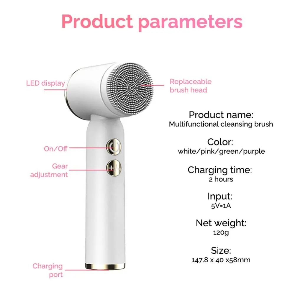 Escova elétrica de limpeza facial 6 em 1, rotação 360, compressa quente e fria, purificador facial ultrassônico, ipx6, à prova d'água, display led