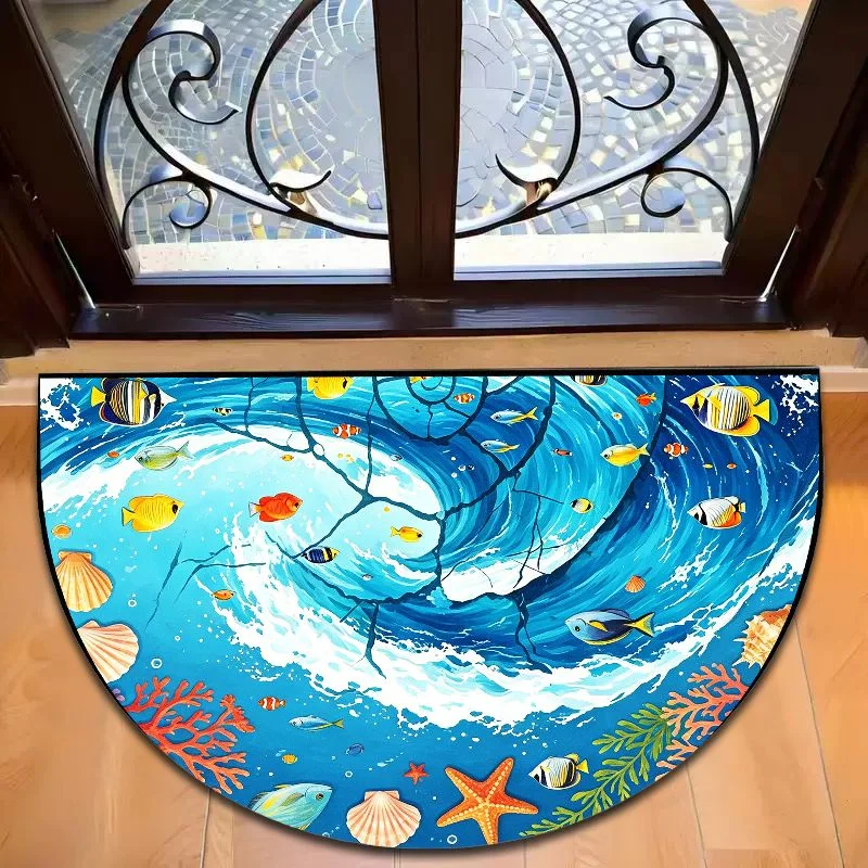 VIKAMA Half Round Ocean Wave Underwater Doormat 3D Visual Non Slip Absorbent Front Door Mat Nautical Beach Decor Rug