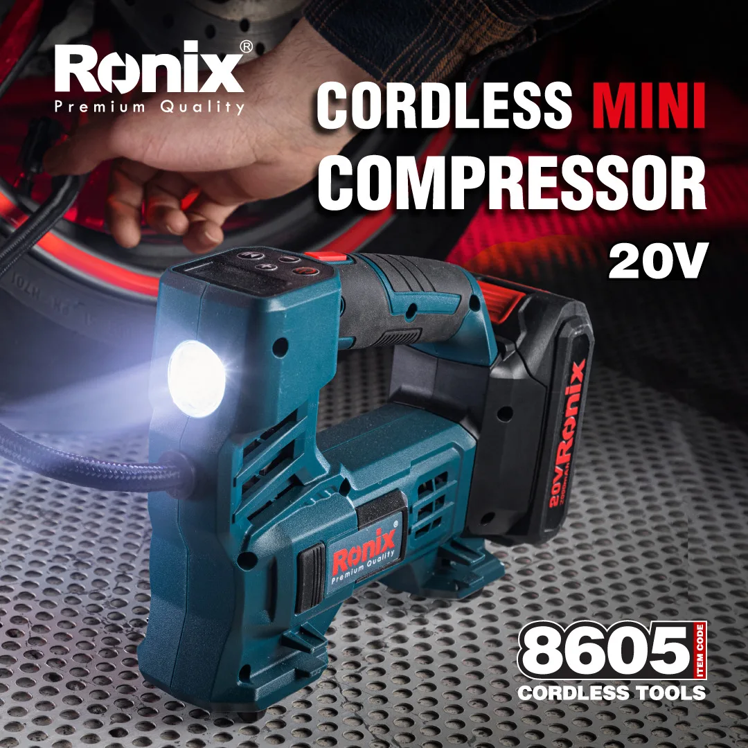 Ronix 8605 Model Wireless 20v Tire Inflator Portable Mini Cordless Air Pump Car Housing Air Compressor