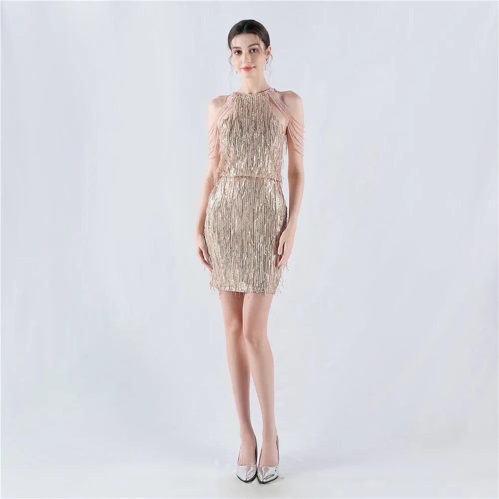 DEERVEADO Women's Mermaid Sequins Beaded Short Evening Dresses Elegant Cocktail Party Dresses with Tassel Formal Dress Gala image 6