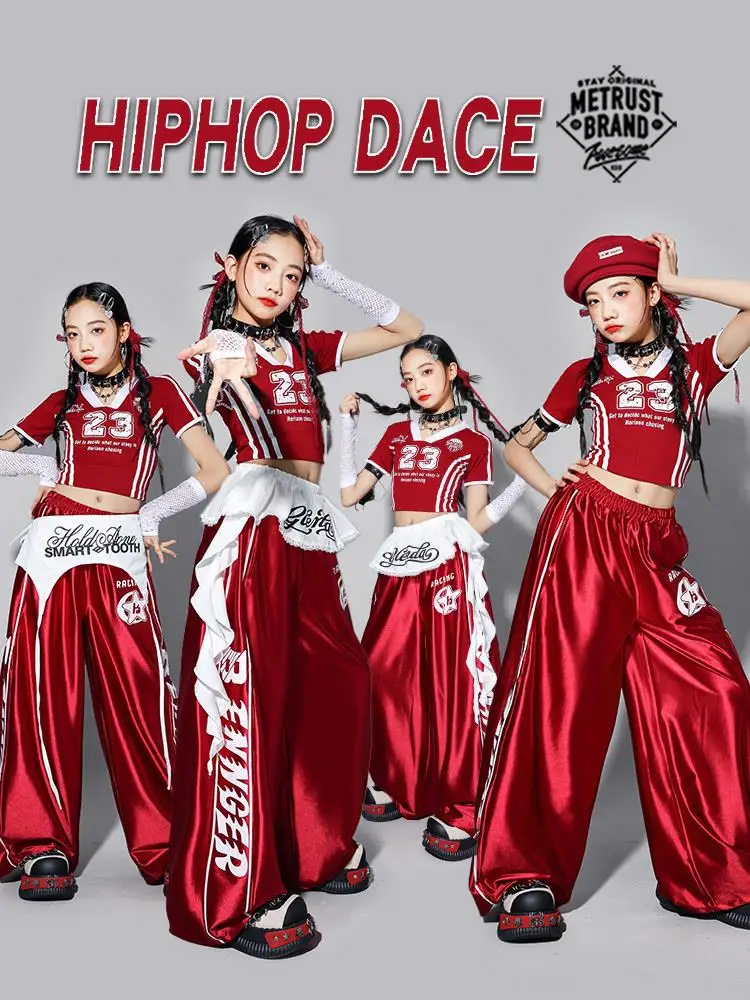 Girls Jazz Dance Performance Outfit Red Pants Set Children's Street Dance Show Clothing Trendy Girl's Costume Stage Performance