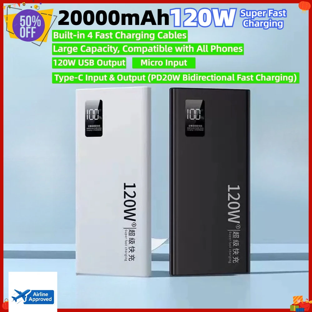 20000mAh Power Bank,120W Super Fast Charging,Built-in 4 Cables,LED Digital Display Charger for IPhone Huawei Samsung Vivo Xiaomi
