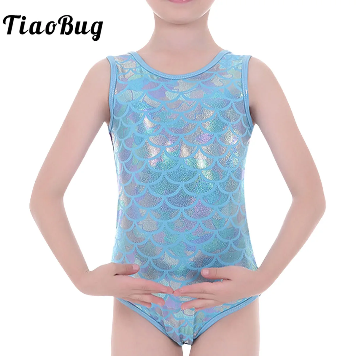 Kids Girls Shiny Ballet Dance Leotard Gymnastics Bodysuit Sleeveless Blue Sports Workout Unitards Performance Dance Costume