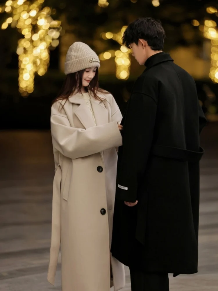 

Men's Mid-Length Woolen Coat Autumn Winter Sle Briti Faion Over-Knee Windbreaker Warm Flap Design Single Button Closure