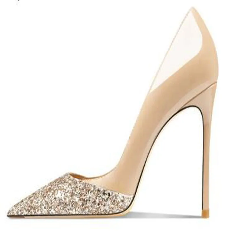 حار المرأة عارية براءات الاختراع والجلود بريق المرقعة الضحلة الانزلاق على مضخات سيدة 12 سنتيمتر الكعوب رقيقة فستان الحفلات أحذية حجم 46 #5