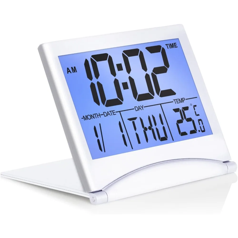 

White backlit digital travel alarm clock, foldable calendar temperature timer with sleep mode