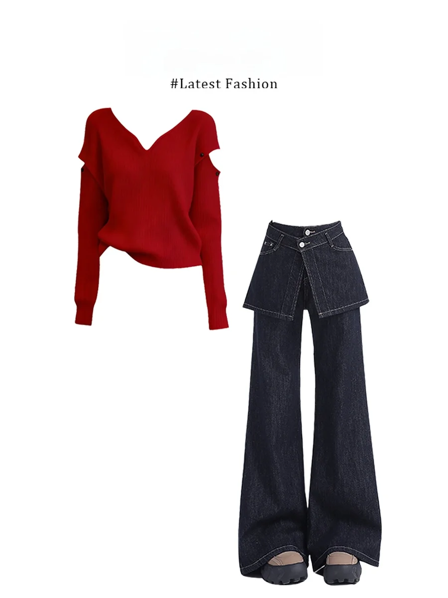 

Fashionable V-neck Shoulder-baring Knitwear Sweater And Jeans Set Parkyeon High-quality Stylish Two-piece Spring Casual Wear