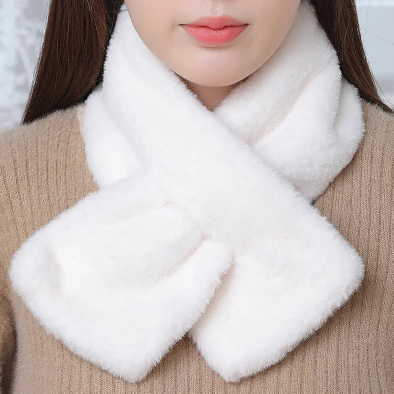 Women Winter Warm Thicken Scarfs Solid Color Faux Rabbit Fur Plush Cross Collar Scarf Shawl Elegant Warm Soft Comfortable Scarf