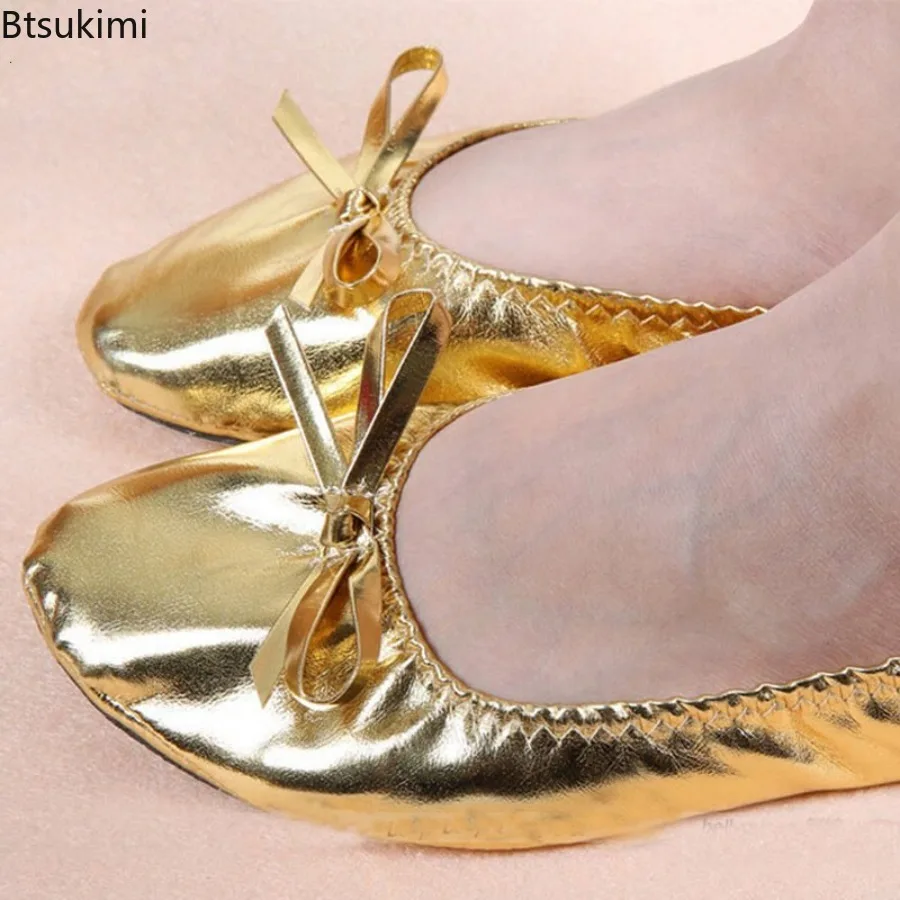 

Professional Belly Dancing Shoes Gold Foldable Indian Dance Shoes Bowknot Leather Soft Soled Ballerina Flats for Child and Women