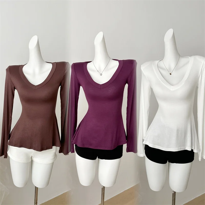 وسادة الكتف تصميم الرغبة النقية فتاة حار V-Ne قاعدة irt المرأة طويلة Sve ملابس داخلية الخريف جديد Sle Ele