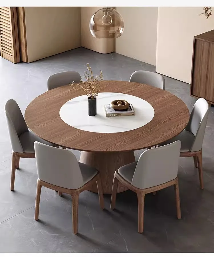 Medieval solid wood round dining table with inlaid turntable modern simple household round table