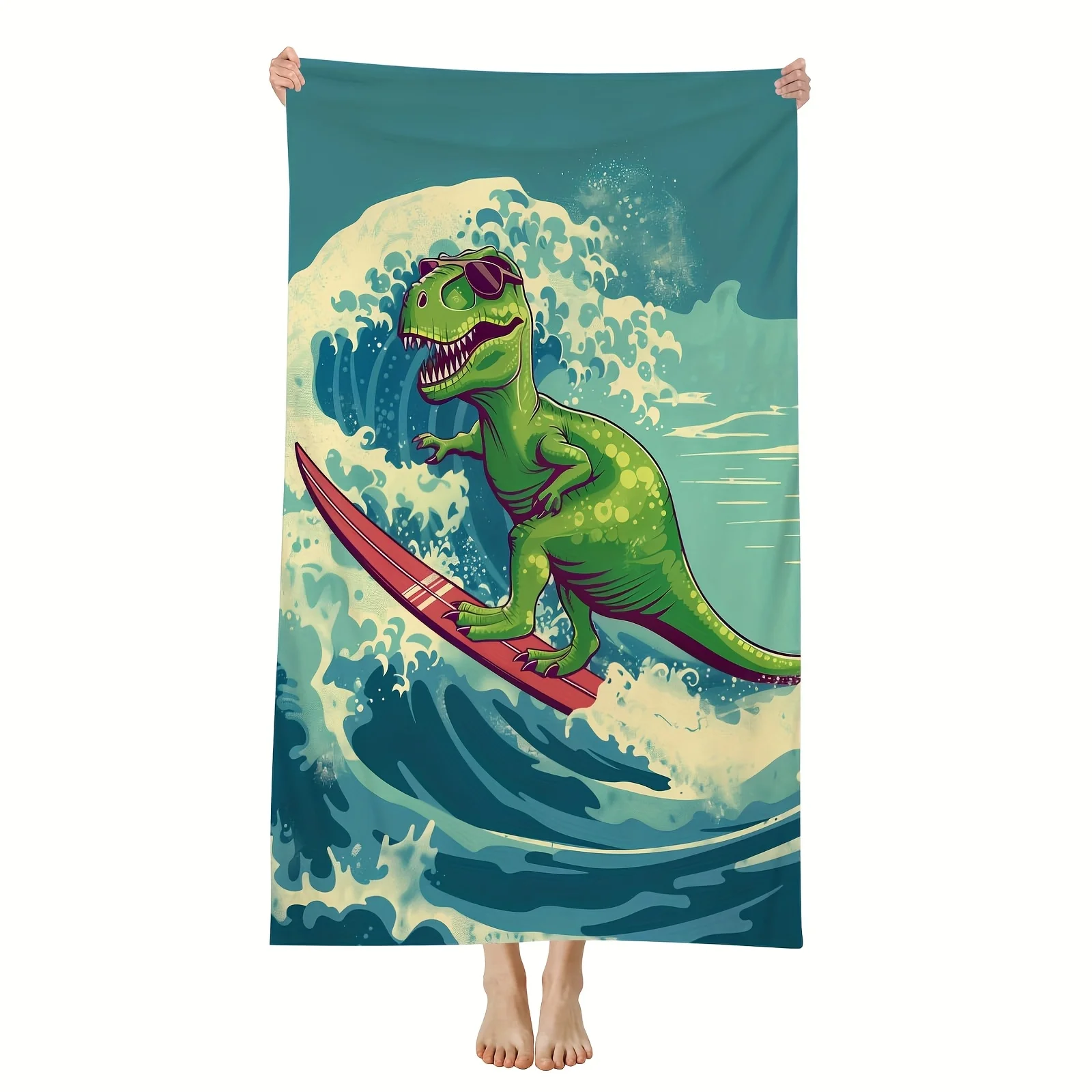 Tropical Style Microfiber Beach Towel Super Absorbent Green Dinosaur Surfing Design Polyester Machine Washable Space Themed