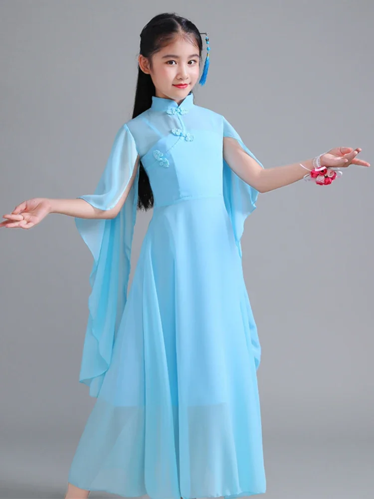 Traje de performance infantil guzheng hanfu, traje clássico tradicional antigo para meninas, nacionalidade, piano folclógico de dança, vestido de palco