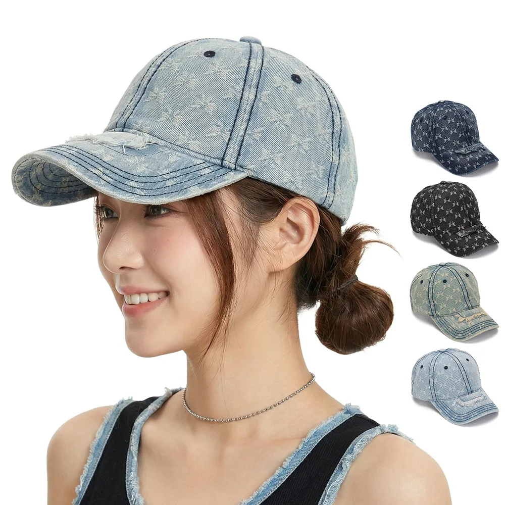 New spring-autumn baseball cap with chin strap, Korean-style, fashionable denim fabric, bow tie, outdoor and casual hat