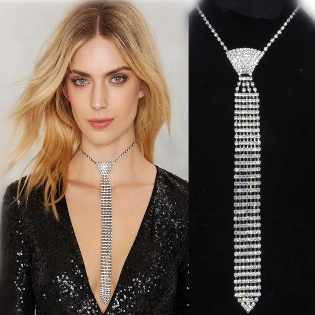 1pc Womens Sparkly Rhinestones Necklace with Adjustable Chain Shining Crystal Long Necktie Fashion Neck Jewelry for Party