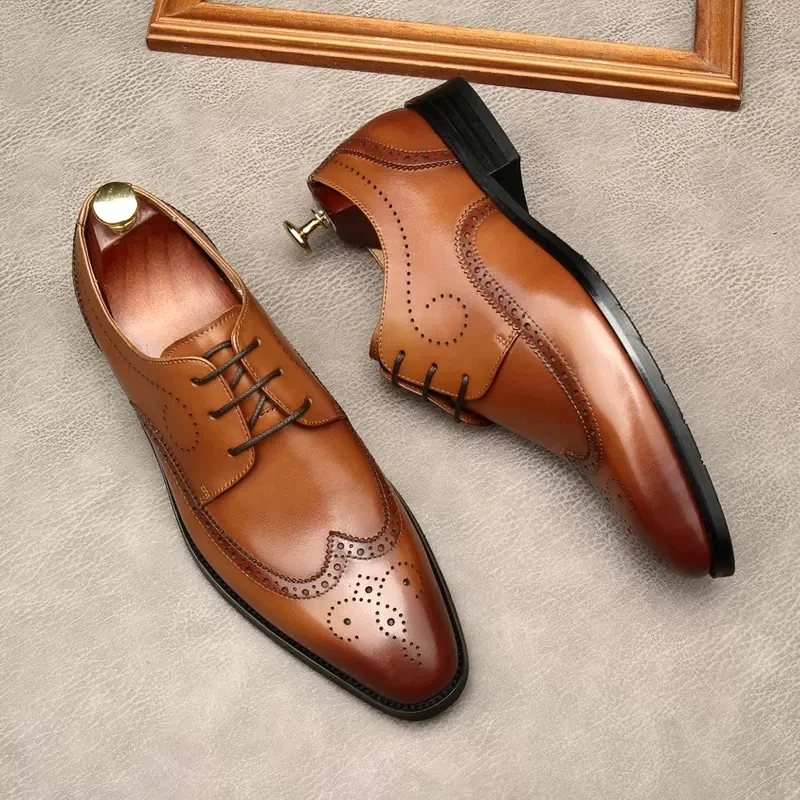 

oxford Leather Men Shoes Pointed Toe Genuine Leather Lace Up Brogues Formal Shoe Wedding Business Black Wine Red Dress Shoes Men