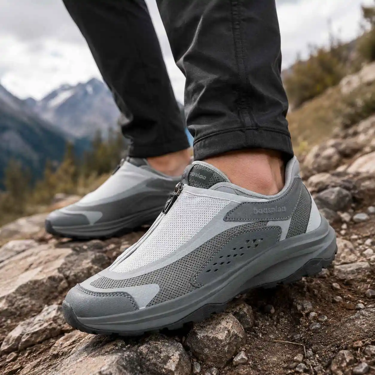 Baasploa Men Trail Trainers Breathable Outdoor Footwear Lightweight Trek Shoes with Side Zip Grip Sole Adventure Walking Sneaker