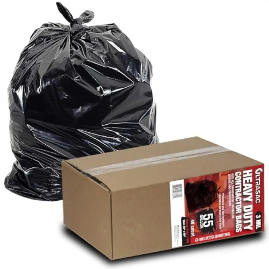 Bolsas de contratista de alta resistencia de 55 galones, 40 unidades, IL, 38x58, revestimientos grandes de plástico negro para botes de basura, bolsa de basura de 5560 galones, revestimientos de tambor
