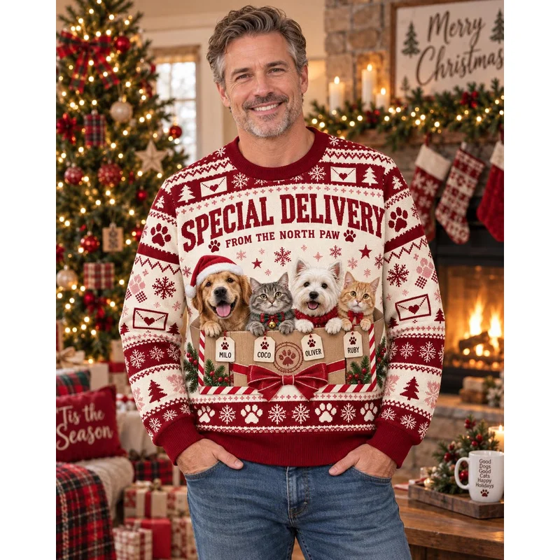 2027 Personalized Animal Portrait Ugly Christmas Sweater Your Pet Photo and Name Printed Crewneck Sweaters for Winter Parties
