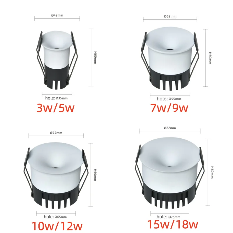 أضواء كاشفة ذات سطح منحني ذات حافة ضيقة للغاية مع فتحات صغيرة عميقة مضادة للوهج، ومصابيح جبس مدمجة بدون إطار بدون حدود