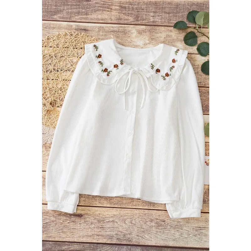 Chemise brodée à col de poupée pour femmes, haut à manches longues en velours côtelé à volants et lacets, nouvelle collection automne et hiver