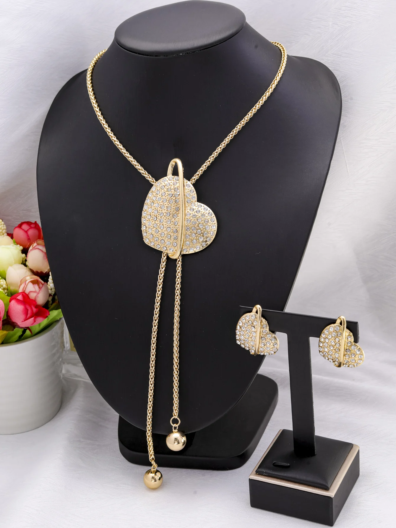 Fashion Long Sweater Chain Necklace Earrings Creative Heart Shaped Adjustable Pendant Jewelry Set for Woman Party Jewelry Gift