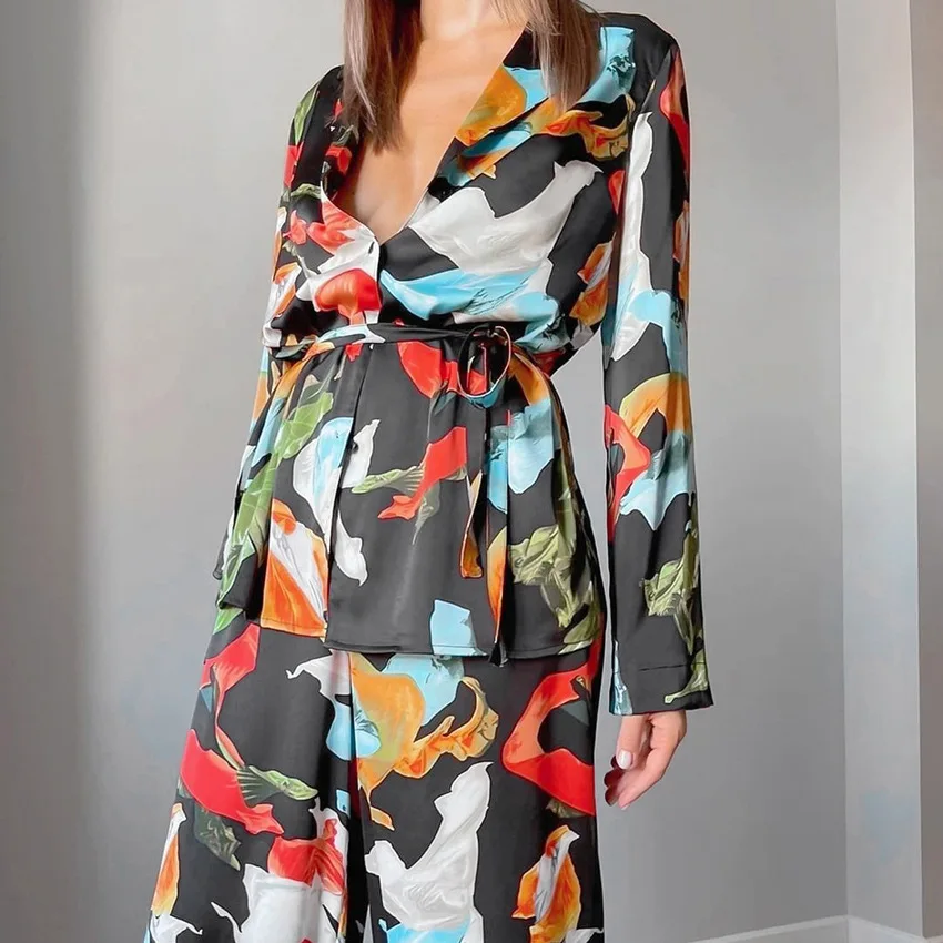 Autumn Printed Pajamas Loose Long-sleeved Trousers Suit Casual Ladies Home Clothes Thin Pyjama Pour Femme Sexy Sleepwear 2 Piece