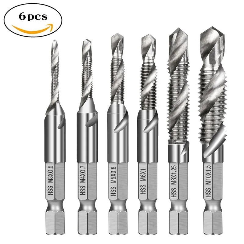 6pcs M3-M10 Screw Tap Drill Bits Hss Taps Countersink Deburr Set Metric Combination Bit High Speed Steel 1/4 IN Quick Change Hex