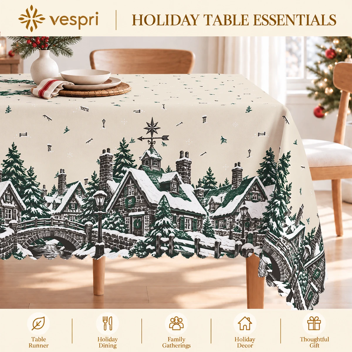 Winter Christmas Tablecloth with Holiday Trains & Bridges for Indoor/Outdoor Camping decor, Rectangular/Round/Oval