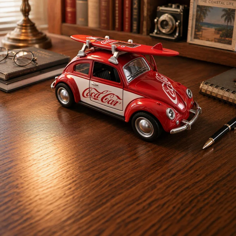 1:36 Vintage Bug Shape Alloy Car Model, Removable Surfboard Accessory, Die-cast Metal Craft, Retro Style Desktop Collectible Dec