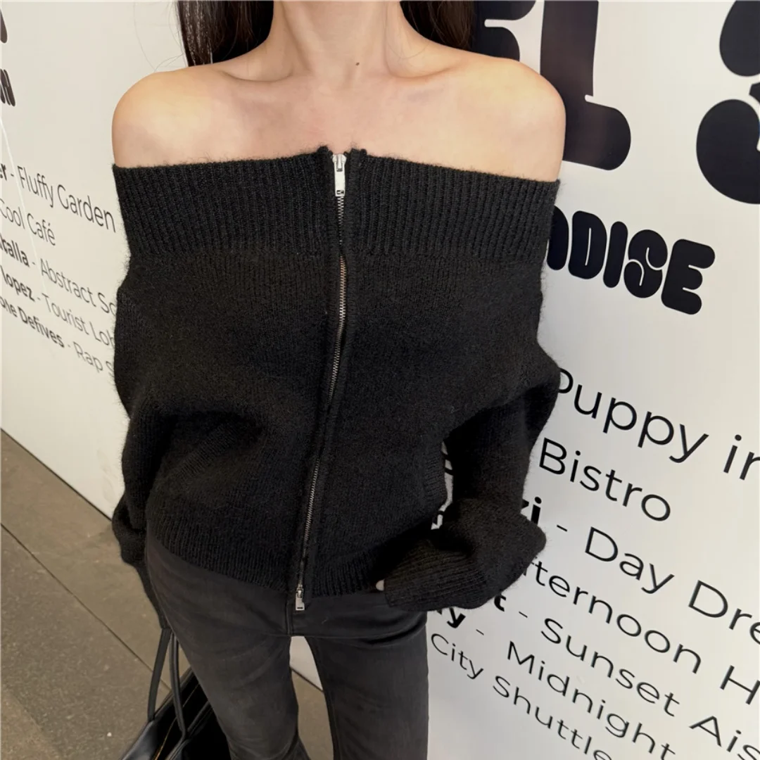 

Slimming Knitted Sweater Zipper One Shoulder Korean Style Women's Fashion Inner Wear Top High Quality Comfortable Soft Material