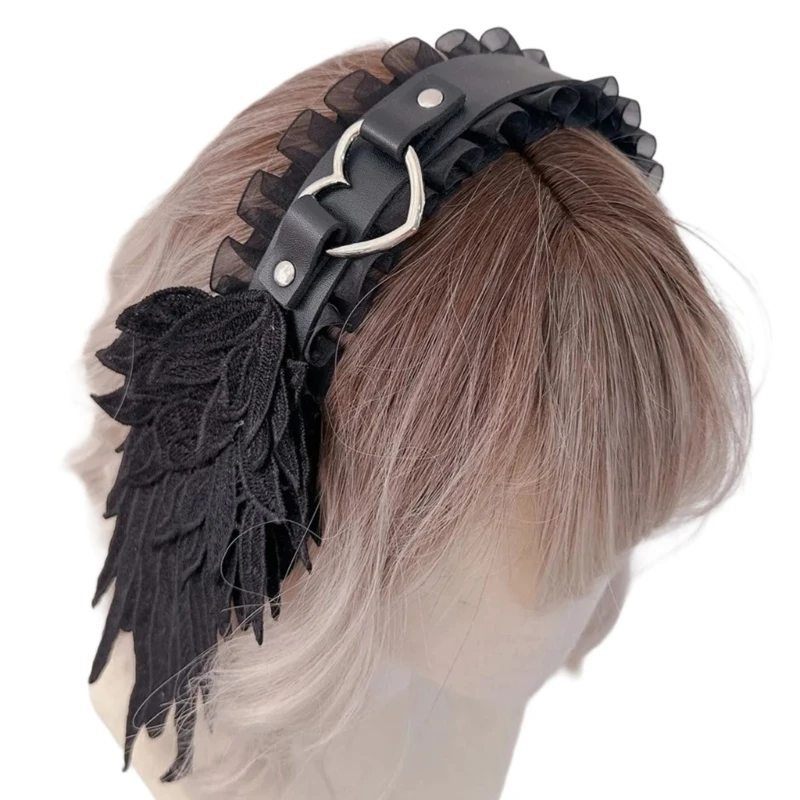 Diadema con cinturón con hebilla de corazón y ala de Ángel gótica de Lolita, diadema de encaje para Cosplay de sirvienta de Anime japonés, aro para el pelo para fiesta y juego de rol para mujer