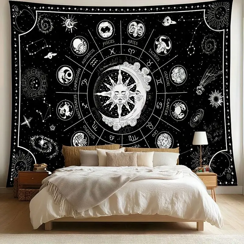 VIKAMA Rainbow Alien UFO Graffiti Tapestry, Psychic Hippie Black White Line Wall Art for Bedroom Living Room Decor