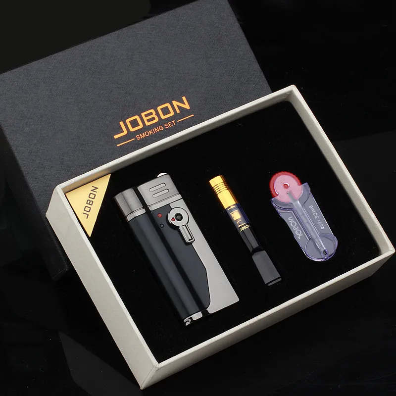 JOBON Metal Butane Gas Lighter Outdoor Windproof Blue Flame Torch Turbo Jet Cigar Lighters Cigarette Holder Box Set Gift