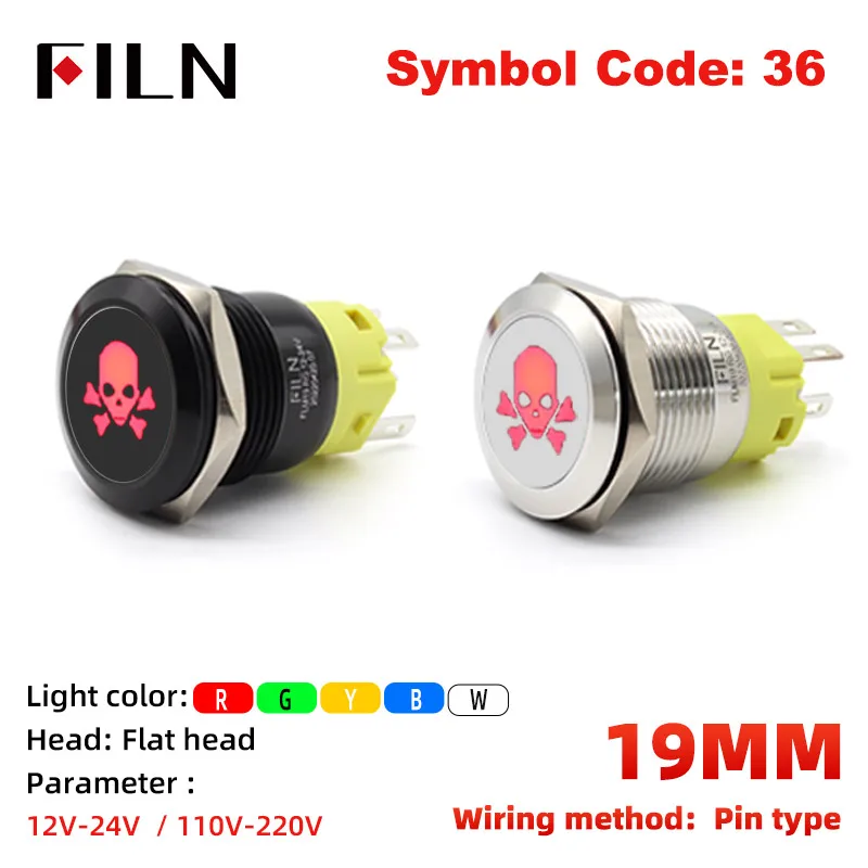 

FILN 19mm 12V LED Metal Push Button Switch Black Shell Custom Skull Symbol Vehicle Parking Systems Racing Dash Setups Durable
