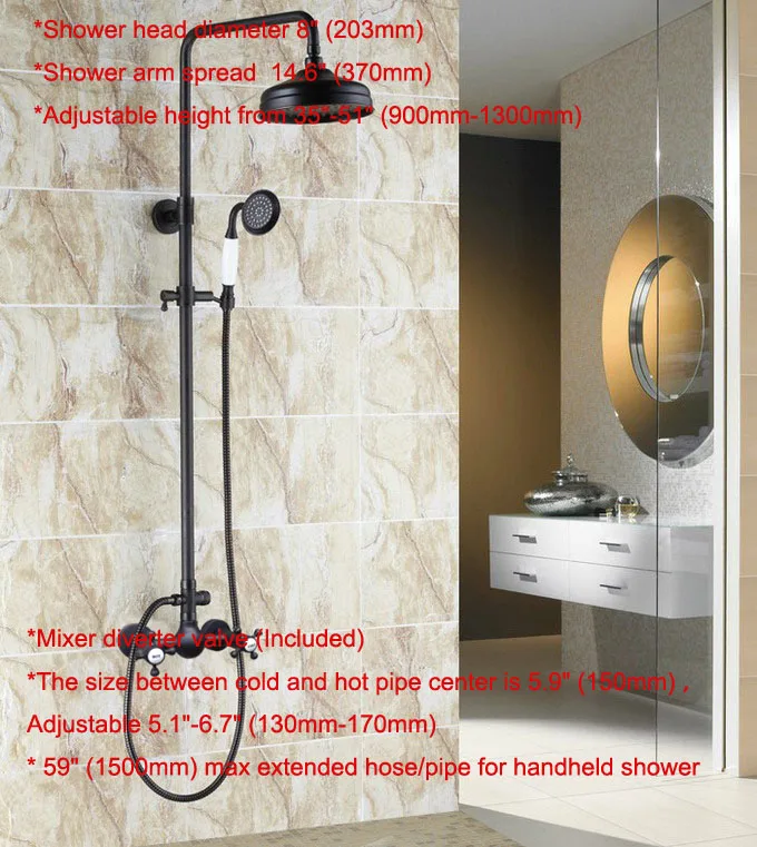 Black Oil Rubbed Brass Double Knob Handle Bathroom Faucet Set Wall Mounted Rainfall/Handheld Shower Hot And Cold Taps Kit 2rs498