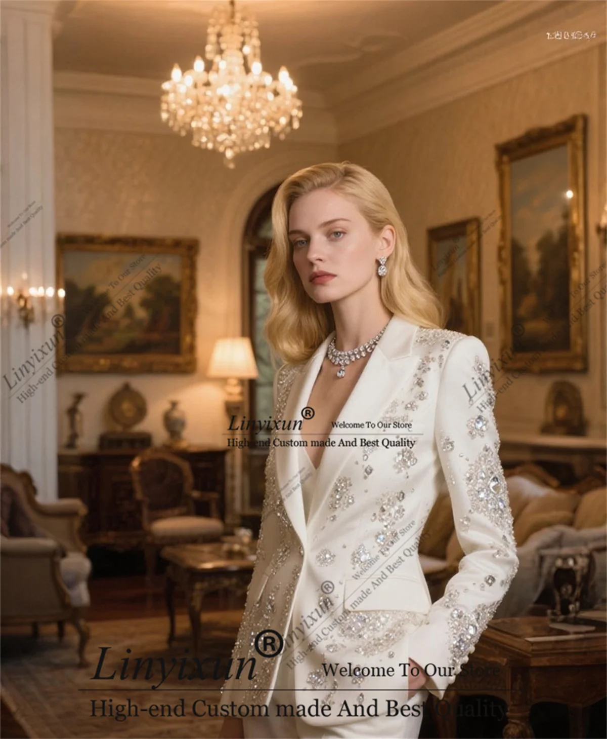 

Sparkly Diamond Ornament Ladies Pant Suits Women Prom Blazer 2 Pieces Formal Office Uniform Style Female Trouser Customized