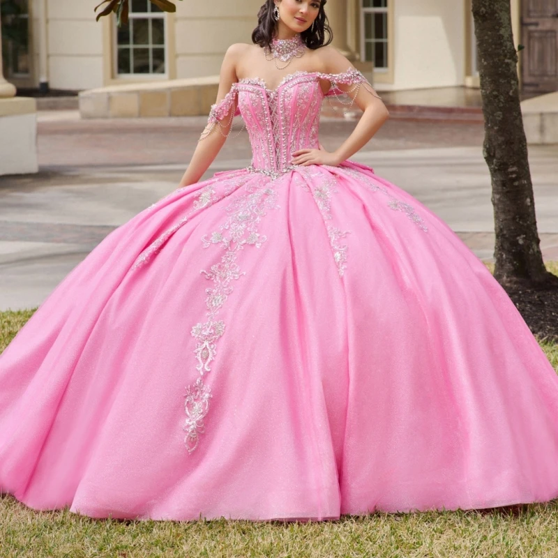 Pink Glitter Quinceanera Dresses Off Shoulder Ball Gown Sweet 16 Dress Applqiue Beads Tull Corset Party Birthday Vestidos 15